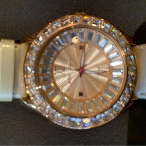 Betsy Johnson watch with crystals and white leather band